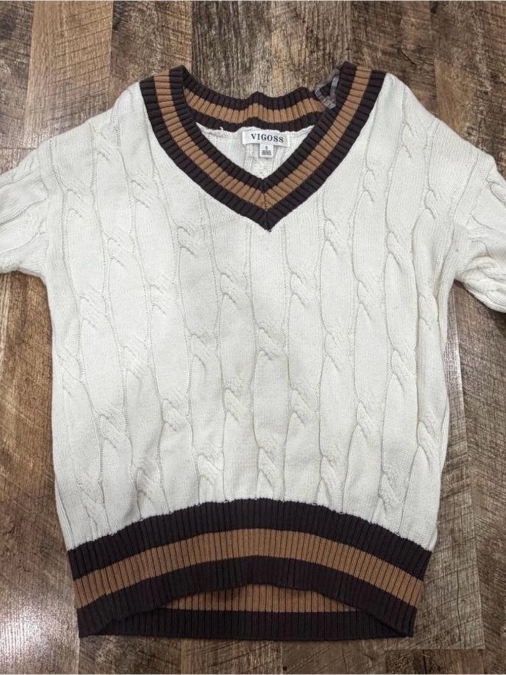 Vigoss women Cream Cable Knit V-Neck Sweater with Brown Trim